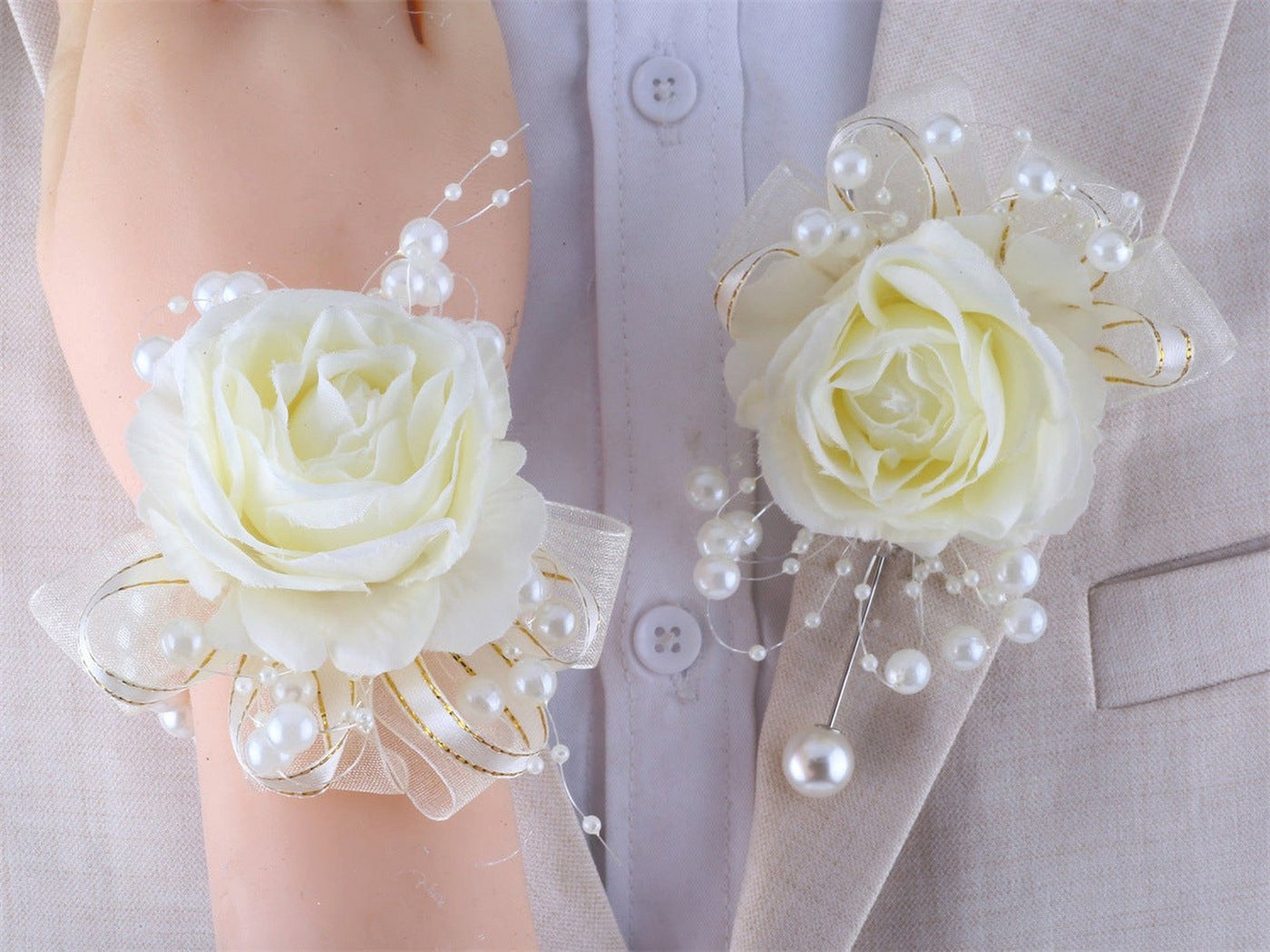 YRIIOMO Ansteckblüte 1 Satz Hochzeits-Bräutigam-Corsage-Braut-Handgelenk-Blumen-Reis-weiße, Blumen-Hochzeits-Corsage von YRIIOMO