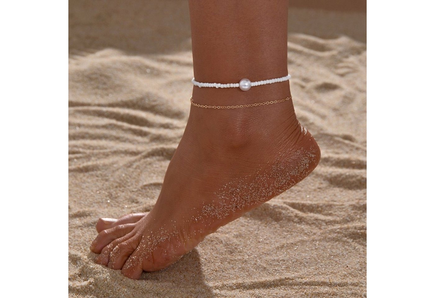 YRIIOMO Fußkette Böhmischer Fußkettchenschmuck am Strand mit weißen, Reisperlen doppelschichtig gestapelt von YRIIOMO