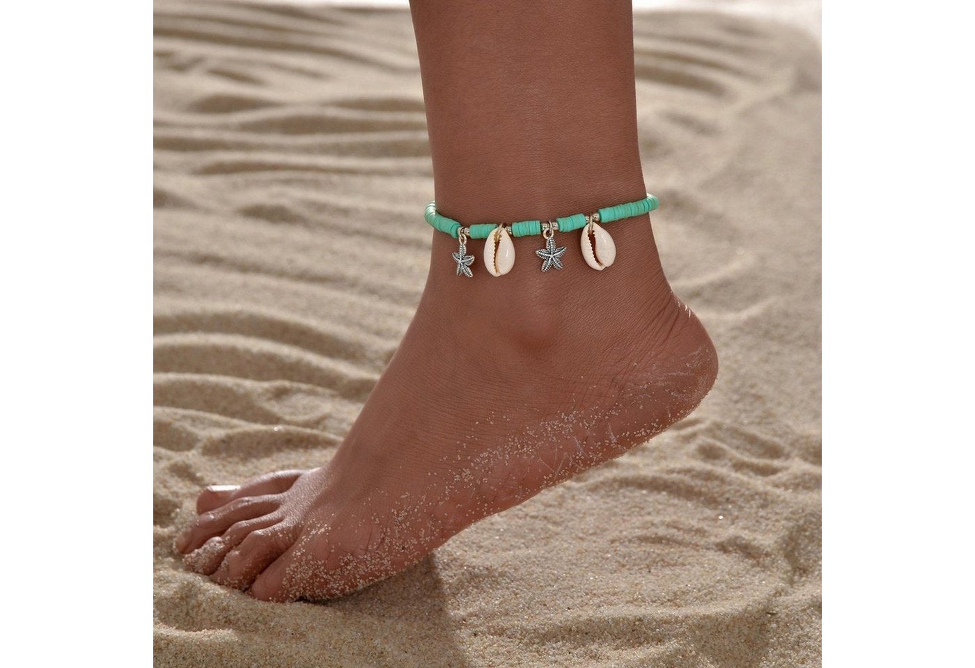 YRIIOMO Fußkette Böhmischer Strand-Muschel-Seestern-Anhänger mit grünem, Perlen-Fußkettchen-Schmuck von YRIIOMO