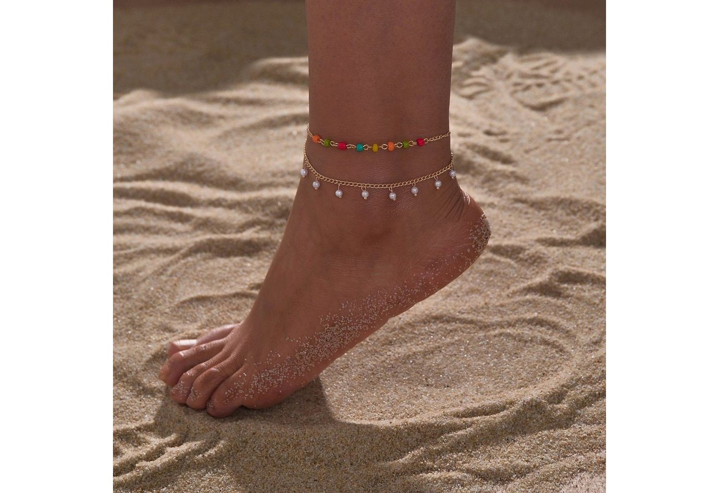 YRIIOMO Fußkette Böhmischer Urlaub am Meer farbige Perlen, Imitationsperle Quaste doppellagiger Fußkettchen-Schmuck von YRIIOMO