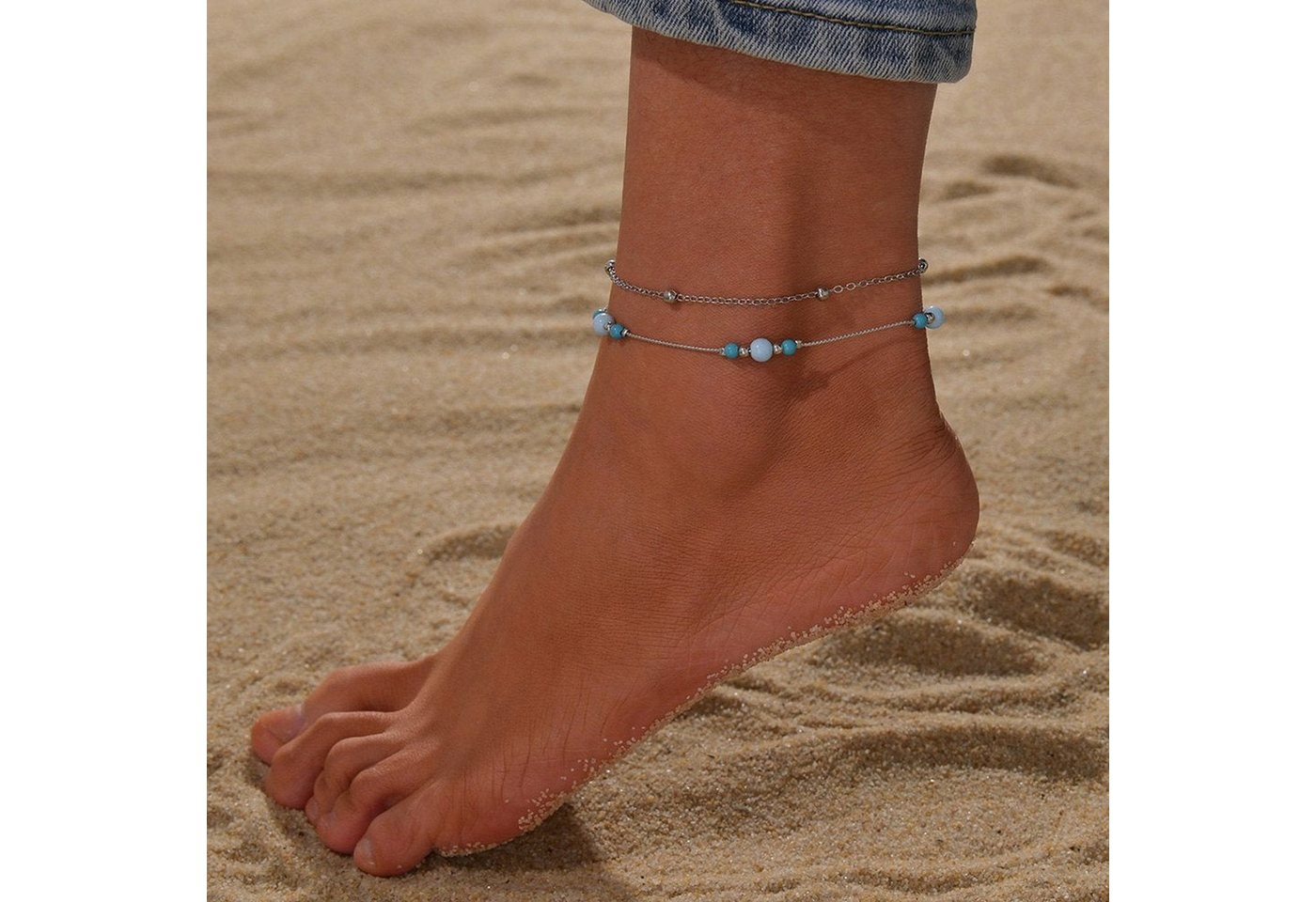 YRIIOMO Fußkette Doppellagiges Fußkettchen mit gestapelten, Reisperlen für Fußkettchenschmuck im Strand- und Badeort-Stil von YRIIOMO