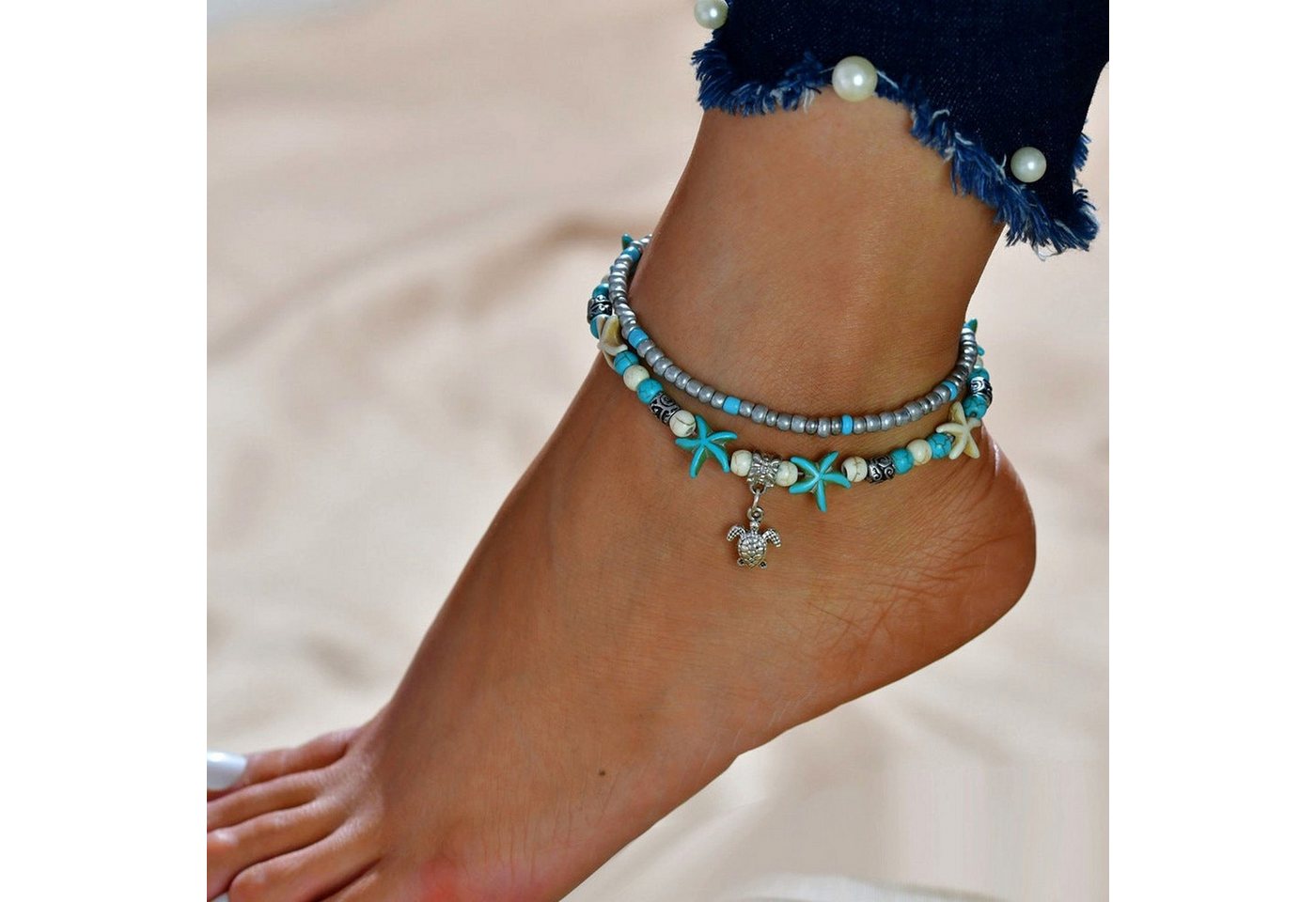 YRIIOMO Fußkette Muschel-Reisperlen-Yoga-Fußkettchen-Armband, Strand-Anhänger, Seestern-Perlen-Fußkettchen von YRIIOMO