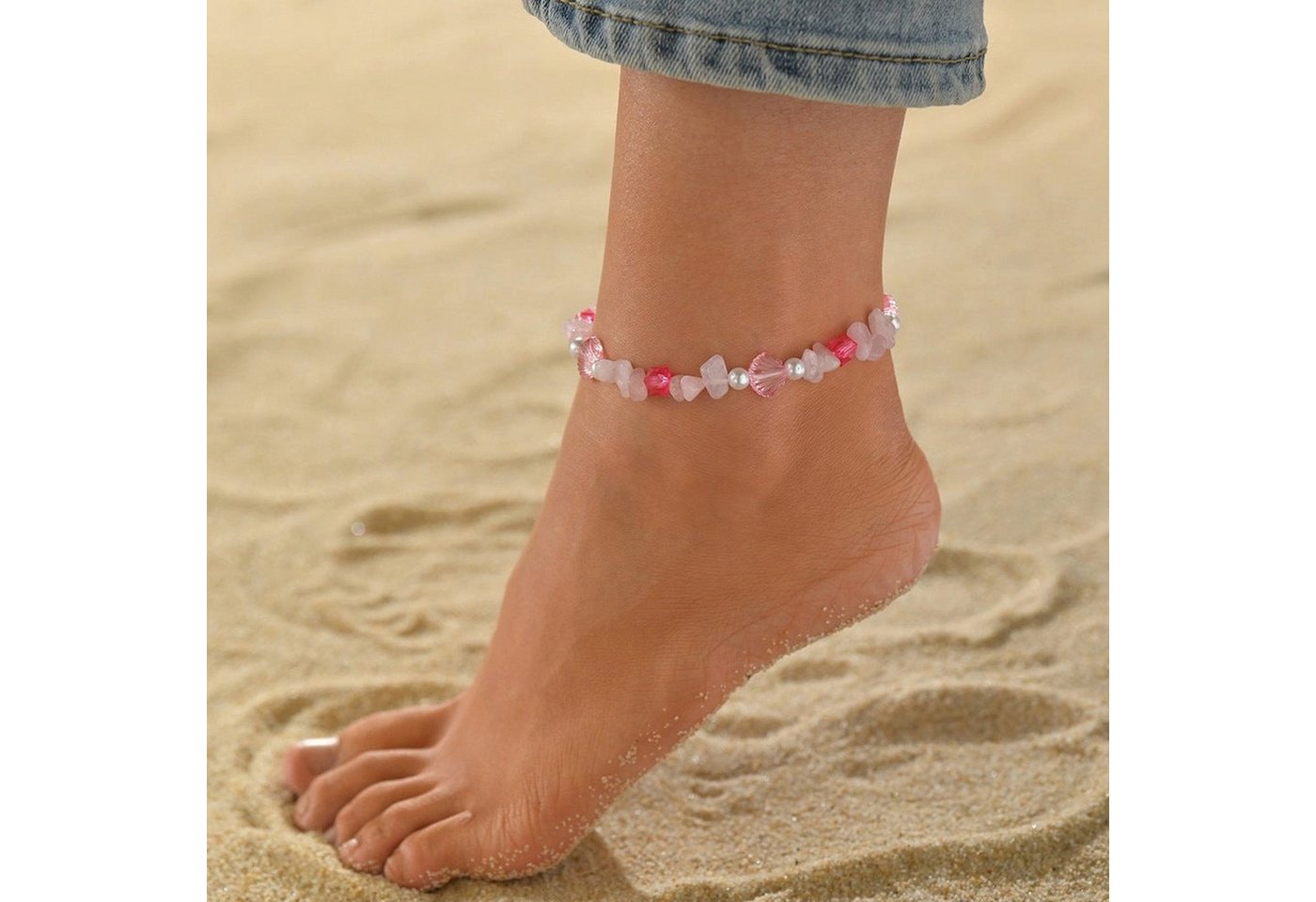 YRIIOMO Fußkette Rosa elastische Fußkette mit Muschel und unregelmäßigen, Kieselsteinperlen geeignet für einen Damenstrandurlaub. von YRIIOMO