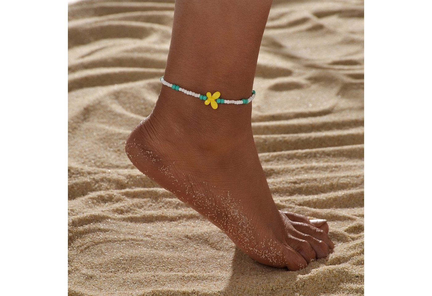 YRIIOMO Fußkette Strand-Schmetterlingsperlen weiß grün, Reisperlen Damen-Fußkettchen-Schmuck von YRIIOMO