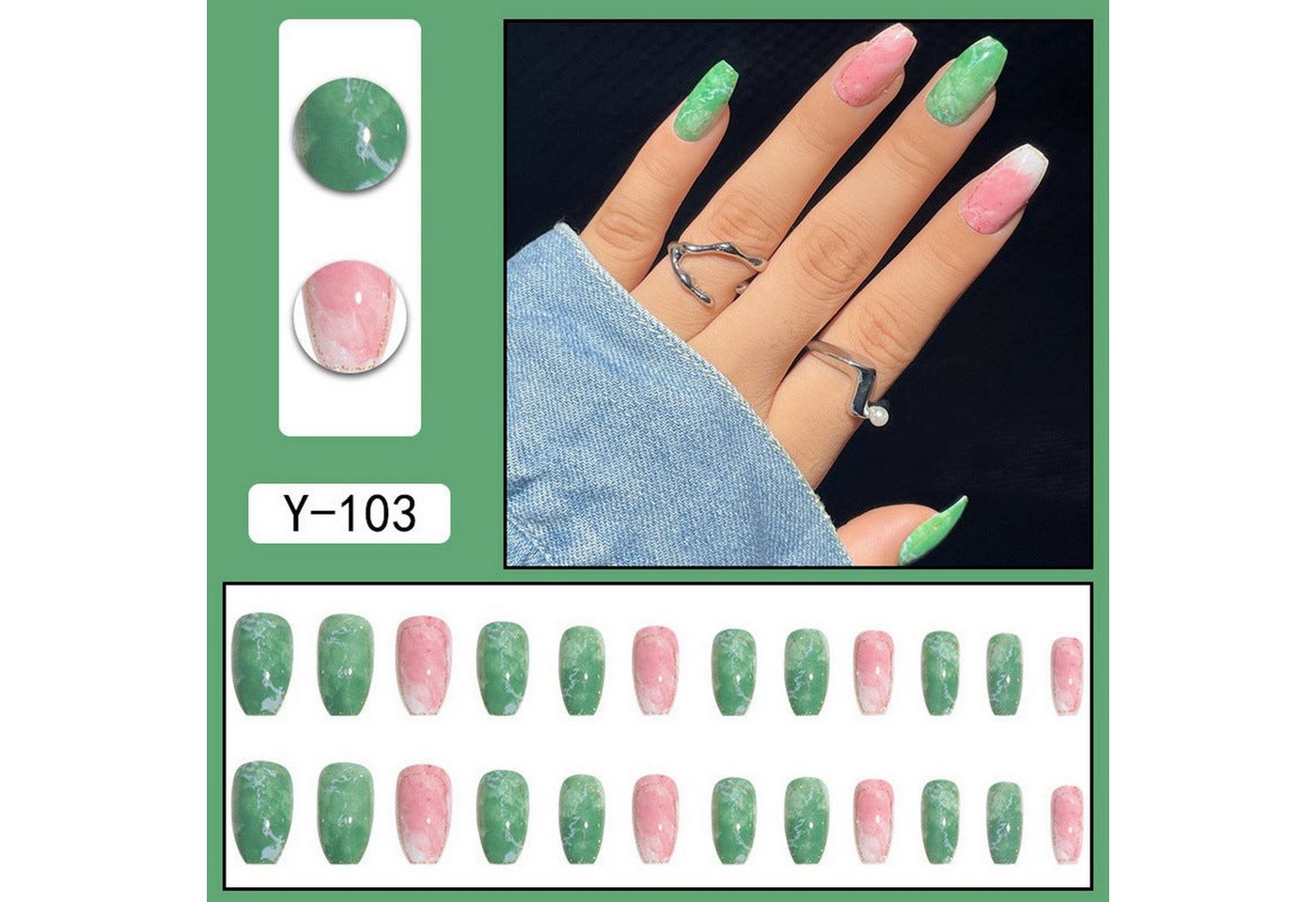 YRIIOMO Kunstfingernägel Kurzes tragbares Maniküre-Patch mit rotem und grünem Marmormuster, fertiges Produkt für künstliche Nägel von YRIIOMO