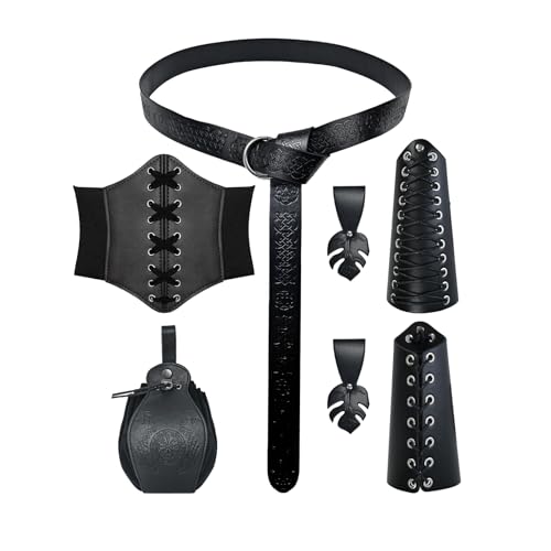 YRTBGD 5 Stück Mittelalter Kleidung für Damen Accessoires Set, Renaissance Viking Renaissance Ritter Deko mit Korsett Gürtel Armschützer Gürteltasche Kleiderklammer für Halloween Karneval (Schwarz) von YRTBGD
