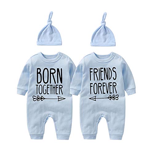 YSCULBUTOL Baby Zwillings-Body Born Together Friend Forever, Baby-Kleidung für Jungen und Mädchen, Blau, 0-3 Monate von YSCULBUTOL