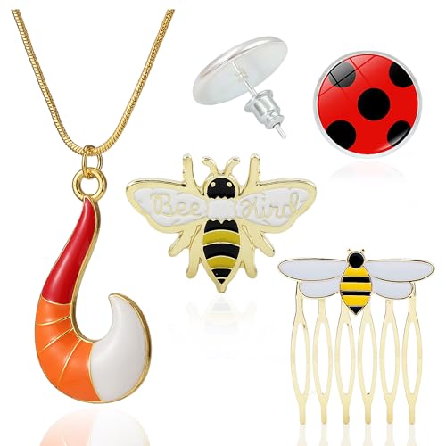 4-Teiliges Schmuckset, Bienen-Seitenhaarkamm, Bienenbrosche, Marienkäfer-Ohrringe, Fuchsschwanz-Halskette, Märchen-Cosplay-Schmuckzubehör Für Mädchen von YSDYY