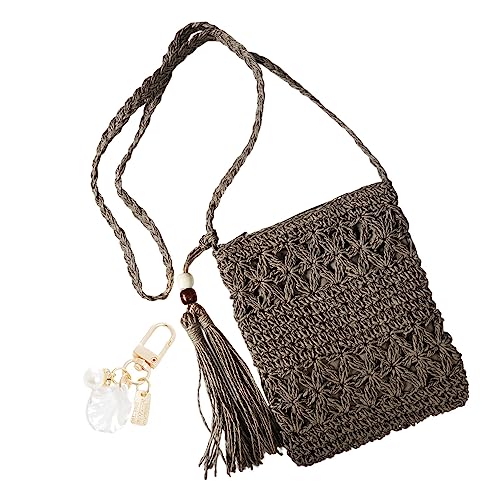 YSDYY 1 Damen-Einschultertasche aus Stroh, Sommer-All-Match-Strand-Umhängetasche, hohle Freizeittasche mit Quaste, 1 Strandmuschel-Accessoire-Anhänger mit Metallschnalle (dunkelbraun) von YSDYY