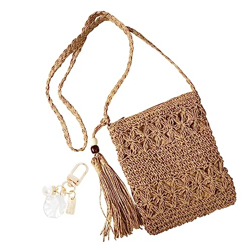 YSDYY 1 Damen-Einschultertasche aus Stroh, Sommer-All-Match-Strand-Umhängetasche, hohle Freizeittasche mit Quaste, 1 Strandmuschel-Accessoire-Anhänger mit Metallschnalle (hellbraune) von YSDYY