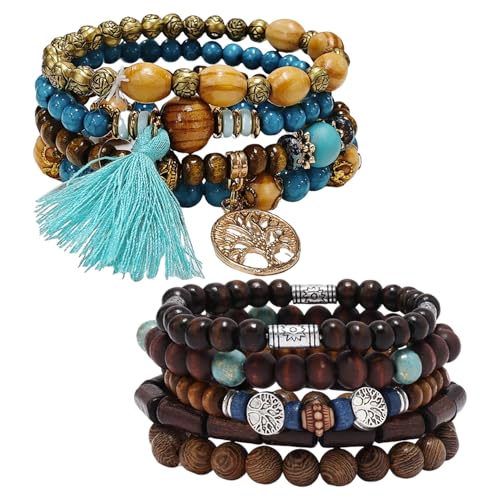 YSDYY 2 Sätze Holzperlen Armbänder, Stretchseilarmbänder, Retro -Gestapelte Armbänder, Schmuckstil Im Boho -Stil. von YSDYY
