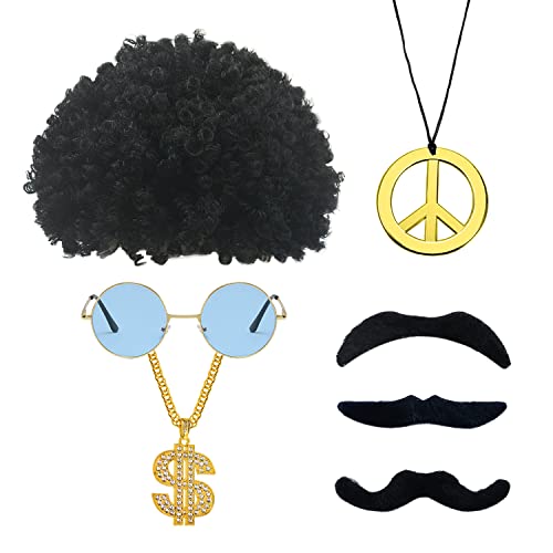 YSDYY 7 Hippie-Accessoires, Afro-Perücke, runder Goldrahmen, Brille, Schnurrbart, Peace-Halskette und Dollar-Halskette, 70er-Jahre-Hippie-Vintage-Kleidungsaccessoires. von YSDYY