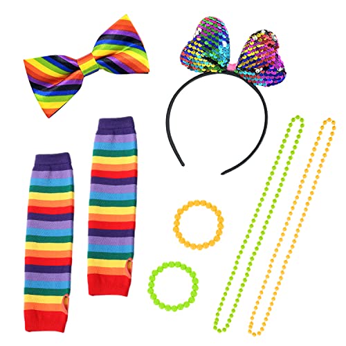 YSDYY 7er-Pack Kleidungszubehör-Set der 80er Jahre, bunte Stirnbänder, Twill-Fliegen, Regenbogenhandschuhe, Neonhalsketten, Armbänder für Make-up-Partys, Shows, Bars, Bandauftritte von YSDYY