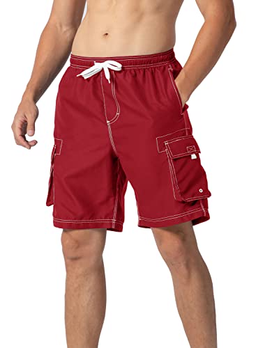 YSENTO Badehose für Herren Badeshorts Schnelltrocknend Schwimmhose Strand Shorts Jungen Sport Kurz Hose mit Tunnelzug(rot,L) von YSENTO