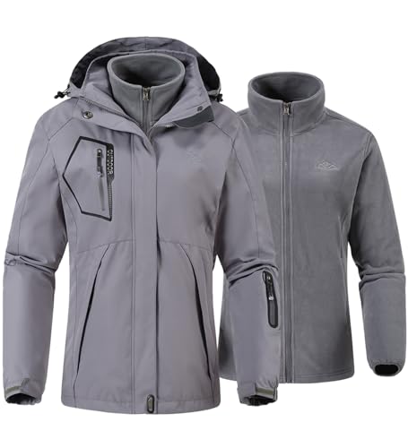 YSENTO Damen 3 in 1 Outdoor Winter Softshell Funktionsjacke mit Fleecejacke wasserdichte Regenjacke Winter Warme Winddichte Übergangsjacke(Grau,L) von YSENTO