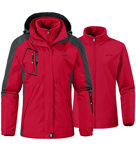 YSENTO Damen 3 in 1 Outdoor Winter Softshell Funktionsjacke mit Fleecejacke Wasserdichte Regenjacke Winter Warme Winddichte Übergangsjacke(Rot,2XL) von YSENTO