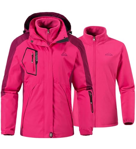 YSENTO Damen 3-in-1 Skijacke Winter Fleecejacke wasserdichte Winddichte Warme Funktions Outdoor Softshell Jacke mit Abnehmbarer Kapuze(Rosarot,XS) von YSENTO
