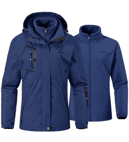 YSENTO Damen 3-in-1 Skijacke Winter Fleecejacke wasserdichte Winddichte Warme Funktions Outdoor Softshell Jacke mit Abnehmbarer Kapuze(Marine,XS) von YSENTO