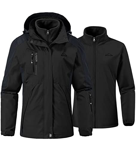 YSENTO Damen 3-in-1 Skijacke Winter FleeceJacke Wasserdichte Winddichte Warme Funktions Outdoor Softshell Jacke mit abnehmbarer Kapuze(Schwarz,L) von YSENTO