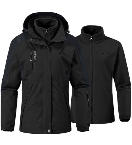 YSENTO Damen 3-in-1 Skijacke Winter Fleecejacke wasserdichte Winddichte Warme Funktions Outdoor Softshell Jacke mit Abnehmbarer Kapuze(Schwarz,XL) von YSENTO