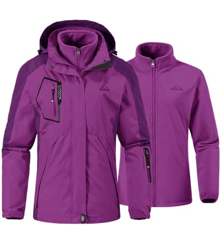 YSENTO Damen 3-in-1 Skijacke Winter Fleecejacke wasserdichte Winddichte Warme Funktions Outdoor Softshell Jacke mit Abnehmbarer Kapuze(Violett,2XL) von YSENTO