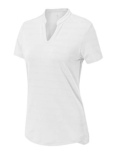 YSENTO Damen Dry Fit Golf Polo Shirts Kurzarm V-Ausschnitt Kragenlos Athletic Activewear Shirts, Weiss/opulenter Garten, Mittel von YSENTO