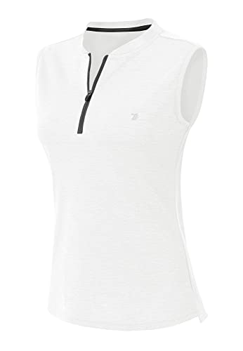 YSENTO Damen Dry Fit Tennis Golf Shirts 1/4 Reißverschluss ärmellos Kragenlos UPF 50+ Yoga Gym Workout Tops Shirts, Weiss/opulenter Garten, Mittel von YSENTO