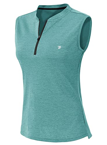 YSENTO Damen Golf Poloshirt Ärmelloses Tennis Shirts Atmungsaktiv Sport Tank Tops mit 1/4 Reißverschluss(Hanf blau,2XL) von YSENTO