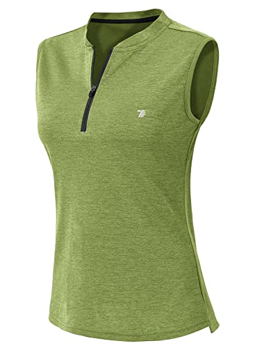 YSENTO Damen Golf Poloshirt Ärmelloses Tennis Shirts Atmungsaktiv Sport Tank Tops mit 1/4 Reißverschluss(Hanf grün,XL) von YSENTO