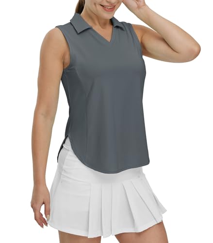 YSENTO Damen-Golf-Shirts mit LSF 50+, ärmellos, schnell trocknend, geteilter Saum, V-Ausschnitt, Kragen, grau dunkel, Groß von YSENTO