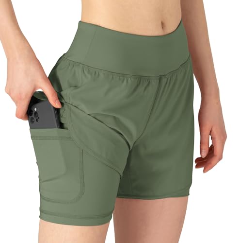 YSENTO Damen Kurze Sporthose 2 in 1 Sportshorts Laufshorts Trainingsshorts Joggingshorts Sommer Atmungsaktiv Gym Shorts(Grün,XXL) von YSENTO