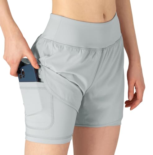 YSENTO Damen Kurze Sporthose 2 in 1 Sportshorts Laufshorts Trainingsshorts Joggingshorts Sommer Atmungsaktiv Gym Shorts(Hellgrau,L) von YSENTO