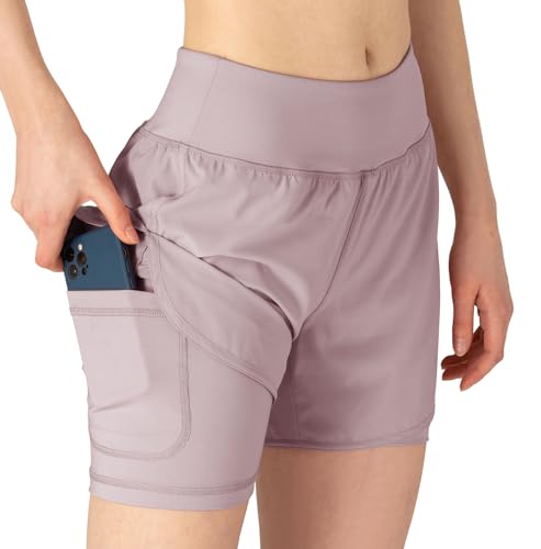 YSENTO Damen Kurze Sporthose 2 in 1 Sportshorts Laufshorts Trainingsshorts Joggingshorts Sommer Atmungsaktiv Gym Shorts(Rosa Lila,S) von YSENTO