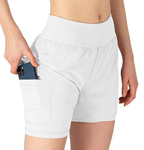 YSENTO Damen Kurze Sporthose 2 in 1 Sportshorts Laufshorts Trainingsshorts Joggingshorts Sommer Atmungsaktiv Gym Shorts(weiß,L) von YSENTO