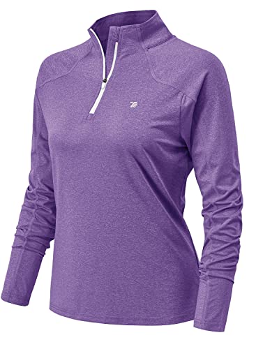 YSENTO Damen Laufshirt Langarm Sportshirt Schnelltrocknend Atmungsaktiv Yoga Gym Funktionsshirt mit 1/4 Reißverschluss(Violett,2XL) von YSENTO