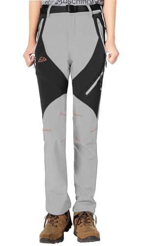 YSENTO Damen Outdoor Wanderhose Wasserdicht Softshellhose Fleece Gefüttert Warm Winter Trekkinghose Skihose(Hellgrau,M) von YSENTO