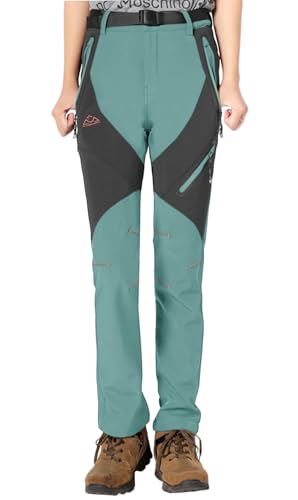 YSENTO Damen Outdoor Wanderhose Wasserdicht Softshellhose Fleece Gefüttert Warm Winter Trekkinghose Skihose(Hellgrün,XL) von YSENTO