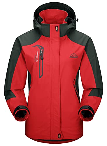 YSENTO Damen Outdoor Wanderjacke Wasserdicht Übergangsjacke Leicht Atmungsaktie Regenjacke Funktionsjacke mit Abnehmbarer Kapuze(rot,2XL) von YSENTO