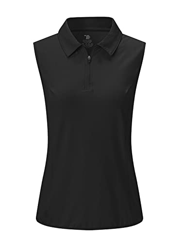 YSENTO Damen-Polo-T-Shirt, ärmellos, mit Reißverschluss, schnell trocknend, feuchtigkeitsableitend, Golf-Polo-T-Shirts, Schwarz, XX-Large von YSENTO