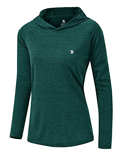 YSENTO Damen Laufshirt Langarm Sportshirt UPF 50+ Schnelltrocknend UV Schutz Hoodie Pullover Wandershirt mit Daumenlöcher(Tinte grün,2XL) von YSENTO