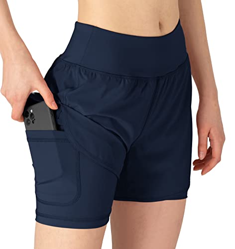 YSENTO Damen Sport Shorts Sommer 2 in 1 Kurze Sport Training Jogging Fitness Lauf Yoga Hose Schnelltrocknende mit Tasche(Marine,L) von YSENTO