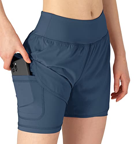 YSENTO Damen Sport Shorts Sommer 2 in 1 Kurze Sport Training Jogging Fitness Lauf Yoga Hose Schnelltrocknende mit Tasche(grau blau,XL) von YSENTO