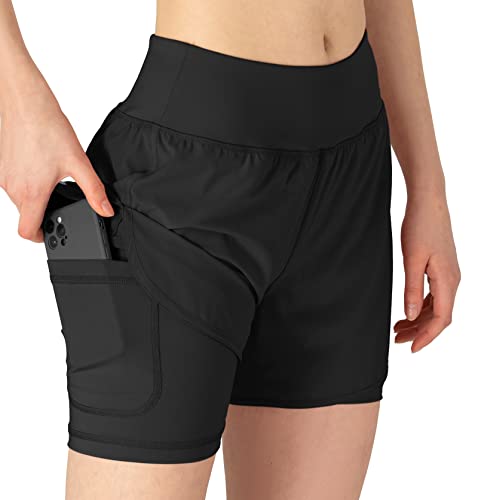 YSENTO Damen Sport Shorts Sommer 2 in 1 Kurze Sport Training Jogging Fitness Lauf Yoga Hose Schnelltrocknende mit Tasche(schwarz,S) von YSENTO