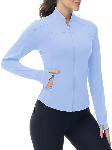 YSENTO Damen Sportjacke Laufjacke Funktionsjacke Wanderjacke Leicht Langarm Yoga Gym Sport Oberteil Atmungsaktive mit Daumenloch(Baby blau,XXL) von YSENTO