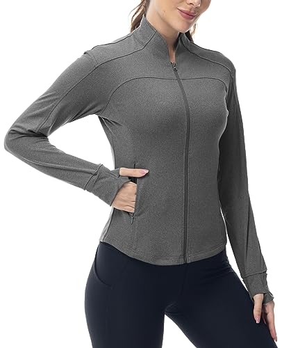 YSENTO Damen Sportjacke Laufjacke Funktionsjacke Wanderjacke Leicht Langarm Yoga Gym Sport Oberteil Atmungsaktive mit Daumenloch(Grau,M) von YSENTO