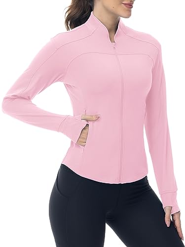 YSENTO Damen Sportjacke Laufjacke Funktionsjacke Wanderjacke Leicht Langarm Yoga Gym Sport Oberteil Atmungsaktive mit Daumenloch(Rosa,L) von YSENTO