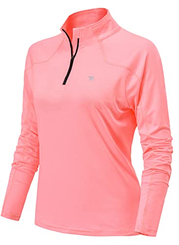 YSENTO Damen Sportshirt Langarm Laufshirt Schnelltrocknend T-Shirt Fitness Yoga Training Langarmshirts mit 1/4 Reißverschluss(Rosa,2XL) von YSENTO