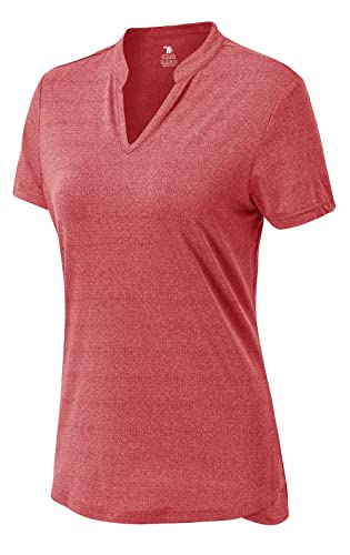 YSENTO Damen Sportshirt Kurzarm V-Ausschnitt Laufshirt Atmungsaktiv Leicht Schnell Trocken Yoga Gym T-Shirt Funktionsshirt(Rot,2XL) von YSENTO