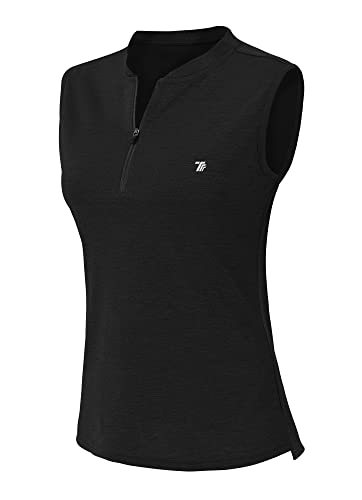 YSENTO Damen-Tennisshirt mit Reißverschluss, ärmellos, ohne Kragen, LSF 50+, für Yoga, Fitnessstudio, Workout, Tops, schwarz, Klein von YSENTO