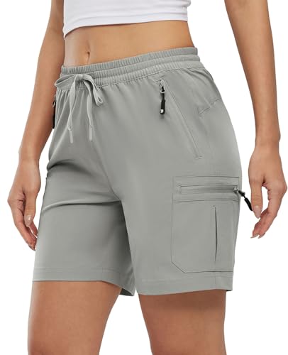 YSENTO Damen Wanderhose Kurz Sommer Leichte Cargohose Sporthose Arbeitshose Schnelltrocknend Atmungsaktiv Outdoor Shorts(Hellgrau,XL) von YSENTO